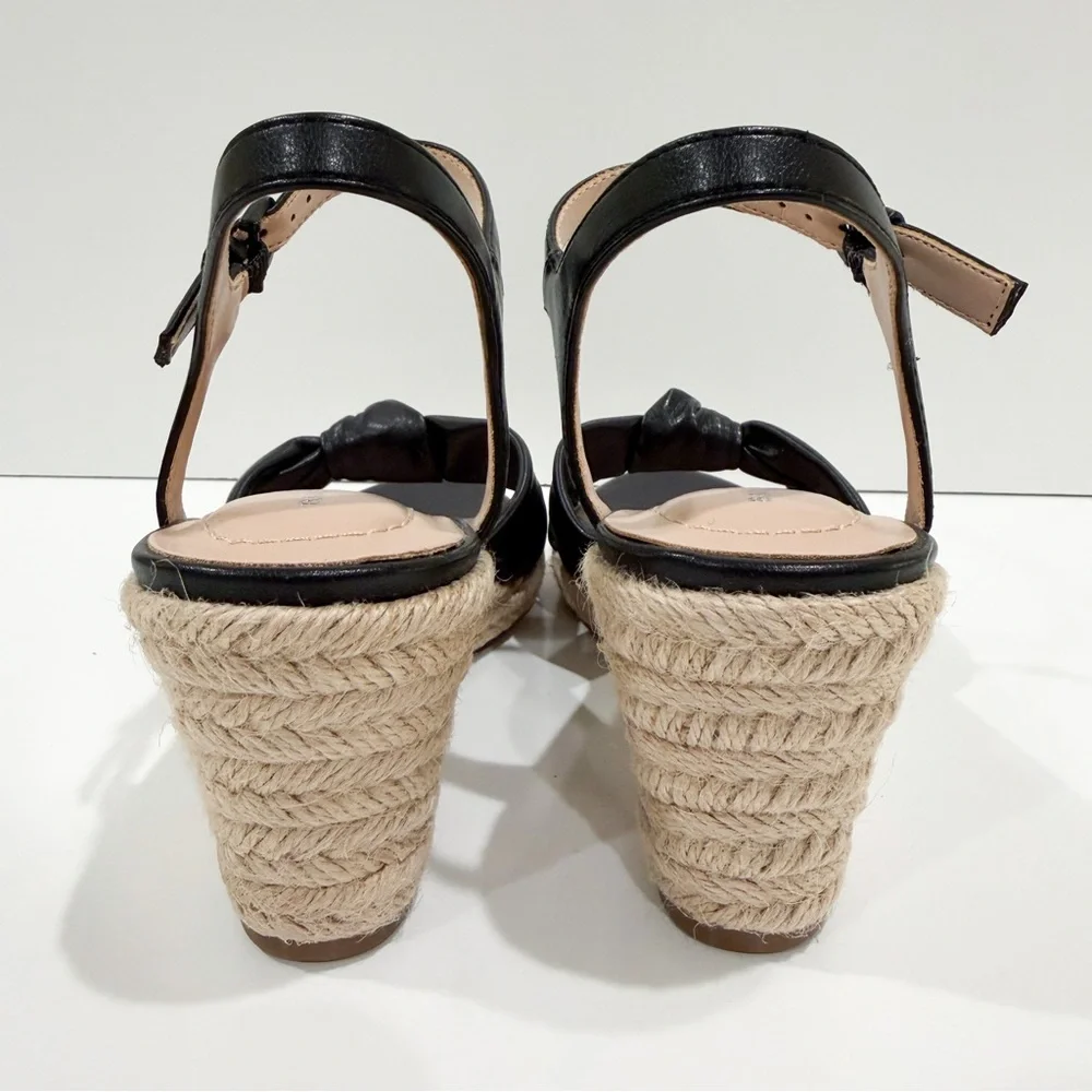 Bandolino Justyne Espadrille Wedge Sandal Knot Ankle Strap Jute Heel Black 5 NEW